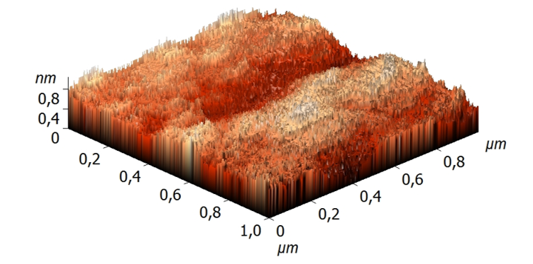 Obraz AFM powierzchni kompozytowej warstwy falowodowej SiOx:TiOy o szorstkości rms=0.23 nm